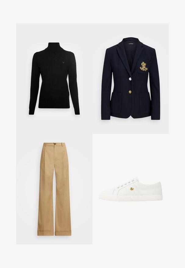 Blazer azul-marinho com um tecido texturado, acessórios em dourado, fecho de um único botão e um bolso no peito com um logótipo bordado.; GANT ROLLNECK - Camisola - black; Calças largas beje com fecho de botão, apresentando uma textura suave e pregas vincadas. Bainhas com punho para um detalhe adicional.; Lauren Ralph Lauren JANSON II CANVAS SNEAKER - Sapatilhas - optic white