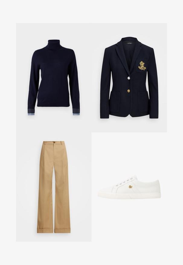 Granatowa marynarka z teksturowanej tkaniny, złotymi detalami, z jednym guzikowym zapięciem oraz kieszenią na piersi z haftowanym logo.; Morski sweter z golfem wykonany z miękkiego materiału, z długim rękawem i denimu na mankietach, o dopasowanym kroju.; Beżowe spodnie o szerokich nogawkach z zapięciem na guzik, charakteryzujące się gładką teksturą i wyprasowanymi fałdami. Dodatkowo z mankietami dla lepszego wykończenia.; Lauren Ralph Lauren JANSON II CANVAS SNEAKER biały