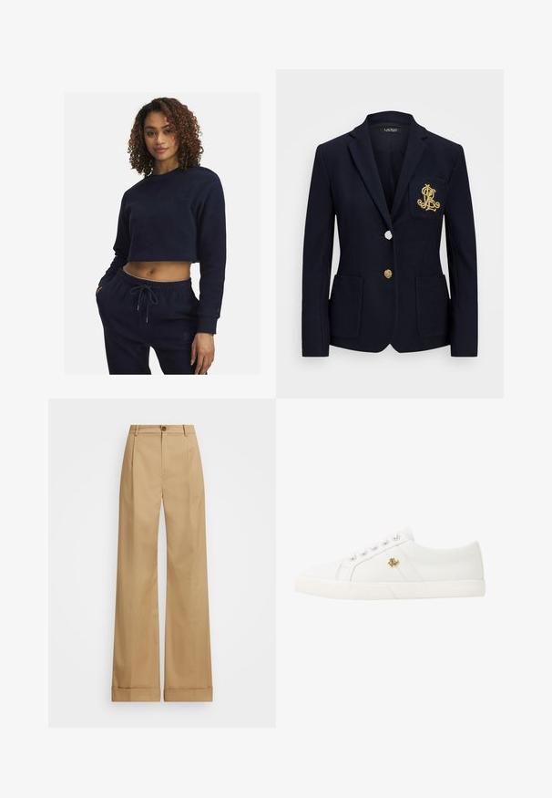 Mornarsko sako iz teksturiranega materiala, z zlatimi detajli, enojnim gumbom in žepom na prsih, ki ima izvezen logotip.; Mornarsko modra kratka sweatshirt iz mehkega materiala z dolgimi rokavi, s krožnim izrezom in subtilno vezenino. V kompletu z ujemajočimi se hlačami.; Bež široke hlače s gumbom, ki imajo gladko teksturo in zamejene gube. Ob robovih so skrajšane za dodaten detajl.; Lauren Ralph Lauren JANSON II CANVAS SNEAKER - Športni copati - optic white