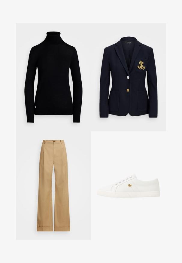 Blazer de marină dintr-un material texturat, cu detalii din aur, închidere cu un singur nasture și un buzunar pe piept care are un logo brodat.; Pulover negru cu guler înalt, realizat dintr-un material tricotat, cu mâneci lungi și un design ajustat. Include un mic logo în partea de jos.; Pantaloni bej cu croi larg, cu închidere prin buton, având o textură netedă și pliuri presate. Picioare cu mansete pentru un detaliu suplimentar.; Lauren Ralph Lauren JANSON II CANVAS SNEAKER - Sneakers low - optic white