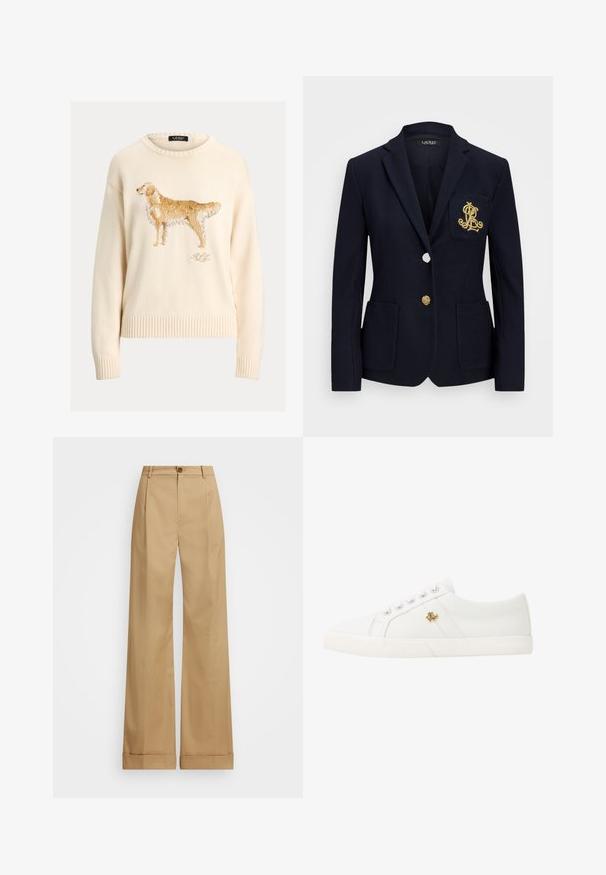 Marineblazer i teksturert stoff, med gullbeslag, enkel knappelukking og brystlomme med brodert logo.; Beige strikkegenser med design av en golden retriever på fronten. Ribbestrikkede ermer og kant; rund hals, myk tekstur.; Beige vide bukser med knaplukning, som har en glat overflade og pressede folder. Med opsmøg for ekstra detaljer.; Lauren Ralph Lauren JANSON II CANVAS SNEAKER - Joggesko - optic white