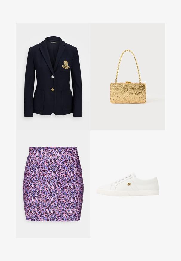 Tengerészblézer texturált anyagból, arany színű kiegészítőkkel, egy gombos záródással és mellzsebbel, amelyen hímezett logó található.; Világos krém színű, hosszú ujjú ing, hegyes gallérral, gombos elülső résszel és sima felülettel; lekerekített hem és testhezálló szabással rendelkezik.; Leopárdmintás mini szoknya lila, rózsaszín és fekete színben; sima textúrájú, testhez álló fazonnal és egyenes szegéllyel. Nincs látható állvány vagy részlet.; Lauren Ralph Lauren JANSON II CANVAS SNEAKER - Sportcipő - optic white; Arany flitteres clutch táska, téglalap alakú, csavart lánckarabinerekkel és fém záródással, mely fényt tükröz a textúrált felületének köszönhetően.; Arany színű csomó fülbevalók, csavart formával. Minden fülbevaló mögött egy kör alakú átlátszó támasz található a biztonságos viselés érdekében.