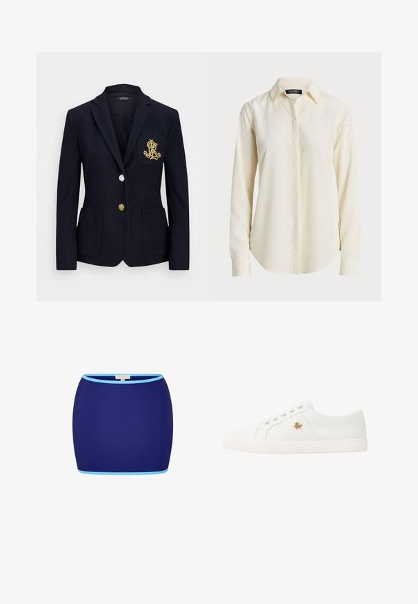 Marineblazer van een gestructureerde stof, met gouden hardware, een enkele knoopsluiting en een borstzak met een geborduurd logo.; Lichtcrème langemouwshirt met een puntige kraag, knoopsluiting aan de voorkant en een gladde textuur; heeft een ronde zoom en een slim fit.; Donkerblauwe minirok met lichtblauwe trimmingen aan de boven- en onderrand, weergegeven op een witte achtergrond.; Lauren Ralph Lauren JANSON II CANVAS SNEAKER - Sneakers laag - optic white