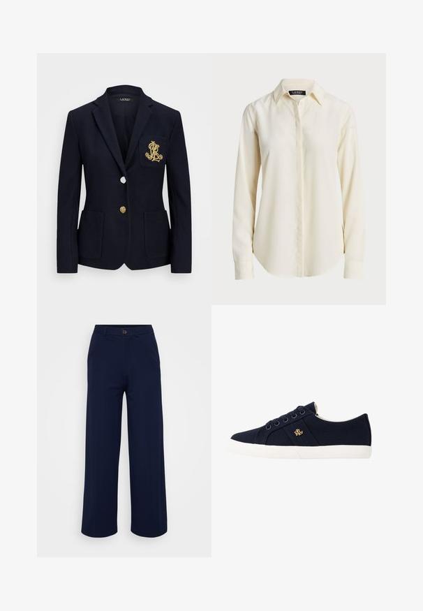 Marineblazer i teksturert stoff, med gullbeslag, enkel knappelukking og brystlomme med brodert logo.; Lys kremfarget skjorte med lange ermer, spiss krage, knappelukking foran og glatt tekstur; har en rundet kant og tilpasset passform.; Even&Odd Petite Bukse - dark blue; Lauren Ralph Lauren JANSON II CANVAS SNEAKER - Joggesko - navy
