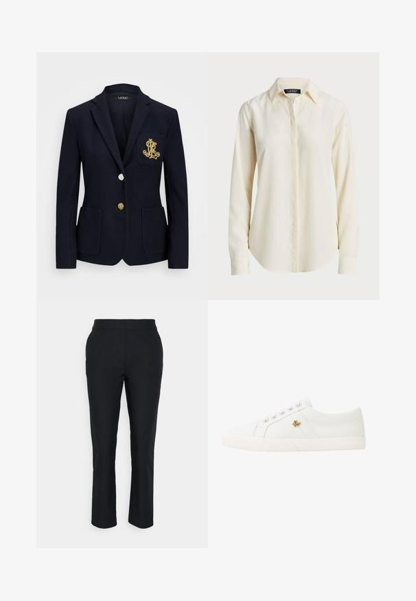 Marineblazer i teksturert stoff, med gullbeslag, enkel knappelukking og brystlomme med brodert logo.; Lys kremfarget skjorte med lange ermer, spiss krage, knappelukking foran og glatt tekstur; har en rundet kant og tilpasset passform.; Sorte skreddersydde bukser med rette ben, laget av glatt stoff. Har midje med ingen synlige lukkemekanismer eller lommer.; Lauren Ralph Lauren JANSON II CANVAS SNEAKER - Joggesko - optic white