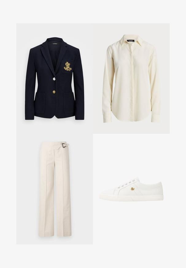 Marineblazer van een gestructureerde stof, met gouden hardware, een enkele knoopsluiting en een borstzak met een geborduurd logo.; Lichtcrème langemouwshirt met een puntige kraag, knoopsluiting aan de voorkant en een gladde textuur; heeft een ronde zoom en een slim fit.; Brede broekspijpen in crème stof met een gestructureerd oppervlak. Kenmerkt zijplooien en een decoratieve riem met een cirkelvormige gesp.; Lauren Ralph Lauren JANSON II CANVAS SNEAKER - Sneakers laag - optic white