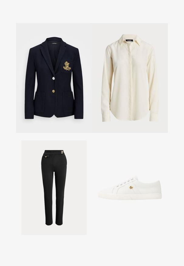 Granatowa marynarka z teksturowanej tkaniny, złotymi detalami, z jednym guzikowym zapięciem oraz kieszenią na piersi z haftowanym logo.; Jasnokremowa koszula z długim rękawem, z wyważonym kołnierzykiem, zapinana na guziki z gładką teksturą; ma zaokrąglony dół i dopasowany krój.; Czarne dopasowane spodnie z wysokim stanem, ozdobnymi złotymi guzikami w pasie oraz małą kieszenią na flap po prawej stronie.; Lauren Ralph Lauren JANSON II CANVAS SNEAKER biały