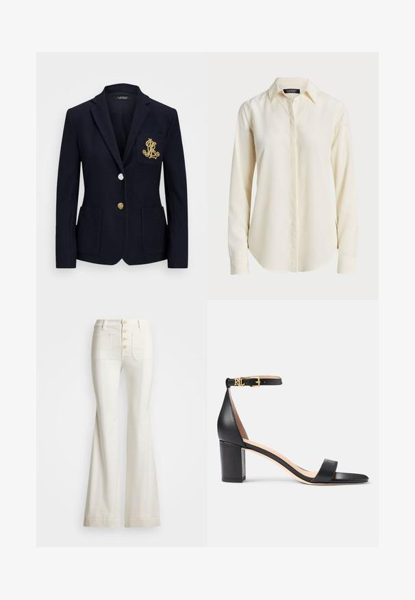 Blazer azul-marinho com um tecido texturado, acessórios em dourado, fecho de um único botão e um bolso no peito com um logótipo bordado.; Camisa de manga longa de cor creme clara com colarinho pontiagudo, frente com botões e textura suave; apresenta uma bainha arredondada e corte ajustado.; Calças brancas de boca larga com cintura alta, fecho de cinco botões e dois bolsos frontais. Textura suave com bainhas acabadas.; Lauren Ralph Lauren LOGAN BURNISHED LEATHER SANDAL - Sandálias - black