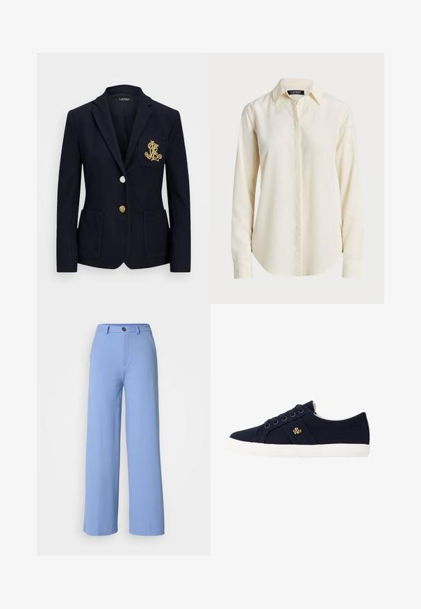 Jūrų laivyno švarkas iš tekstūruoto audinio, su auksiniais aksesuarais, vieno mygtuko užsegimu ir krūtininės kišene su siuvinėtu logotipu.; Šviesiai kreminės spalvos ilgarankovė marškinė su smailiu apykaklės dizainu, mygtukų užsegimu priekyje ir lygia tekstūra; turi apvalią apačią ir pritaikytą siluetą.; Šviesiai mėlynės plačios kojos kelnės, pasiūtos iš sklandžios medžiagos. Turintys priekinį mygtuko uždarymą ir dirželių kilpas, su pritaikytu dizainu ir švariais kraštais.; Lauren Ralph Lauren JANSON II CANVAS SNEAKER - Sportbačiai - navy