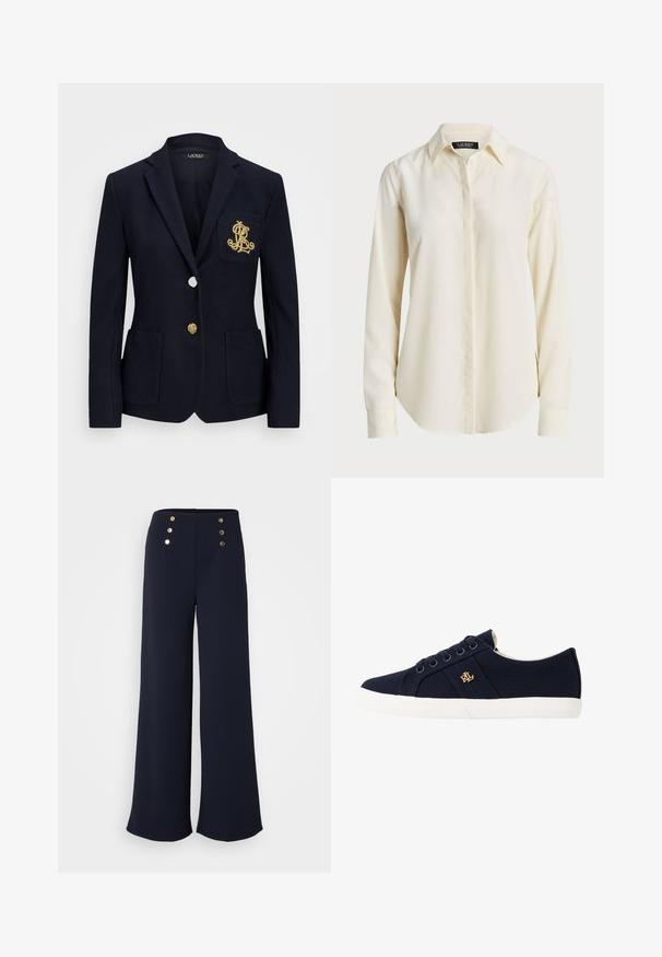 Granatowa marynarka z teksturowanej tkaniny, złotymi detalami, z jednym guzikowym zapięciem oraz kieszenią na piersi z haftowanym logo.; Jasnokremowa koszula z długim rękawem, z wyważonym kołnierzykiem, zapinana na guziki z gładką teksturą; ma zaokrąglony dół i dopasowany krój.; Granatowe spodnie o szerokich nogawkach, wykonane z gładkiego materiału, z czterema złotymi guzikami przy wysokim stanie.; Lauren Ralph Lauren JANSON II CANVAS SNEAKER granatowy
