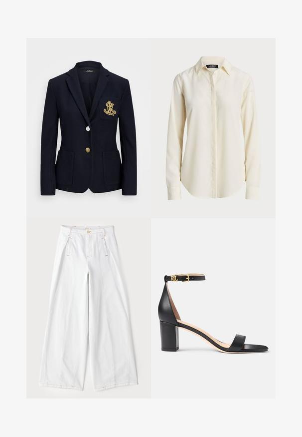 Blazer navy in tessuto texturizzato, con accessori in oro, chiusura a un bottone e taschino sul petto con logo ricamato.; Camicia a maniche lunghe di colore crema chiaro con colletto appuntito, chiusura frontale con bottoni e texture liscia; presenta un orlo arrotondato e una vestibilità su misura.; Pantaloni bianchi a palazzo in denim, con cuciture arancioni a contrasto, pince frontali e un classico design a cinque tasche.; Lauren Ralph Lauren LOGAN BURNISHED LEATHER SANDAL - Sandali - black