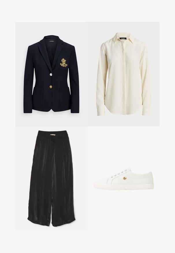 Marineblazer i teksturert stoff, med gullbeslag, enkel knappelukking og brystlomme med brodert logo.; Lys kremfarget skjorte med lange ermer, spiss krage, knappelukking foran og glatt tekstur; har en rundet kant og tilpasset passform.; Sorte vide bukser laget av glatt satengstoff, med høy midje, frontfalter og en forkortet lengde med sidespalter.; Lauren Ralph Lauren JANSON II CANVAS SNEAKER - Joggesko - optic white