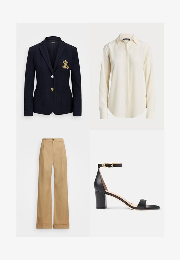 Marinblå kavaj med texturerad tyg, guldfärgad hårdvara, en enkel knäppning och en bröstficka med en broderad logotyp.; Ljusgrön långärmad skjorta med spetsig krage, knappstängning fram och slät textur; har rundad nederkan och skräddarsydd passform.; Beiga byxor med vida ben och knäppning, med en slät textur och pressade veck. Resår i nederkant för extra detalj.; Lauren Ralph Lauren LOGAN BURNISHED LEATHER SANDAL - Sandaler - black