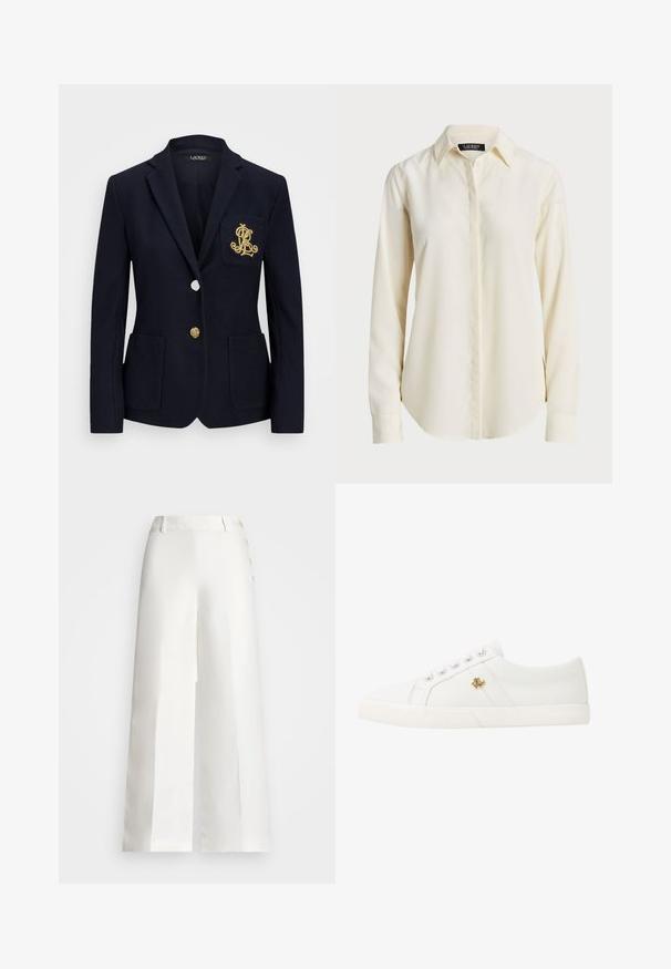 Navy blazer with a textured fabric, gold hardware, a single button closure, and a chest pocket featuring an embroidered logo.; Light cream long-sleeve shirt with a pointed collar, button-down front, and smooth texture; features a rounded hem and tailored fit.; Lauren Ralph Lauren BASHRALLE CROPPED FLAT FRONT - Trousers - white; Lauren Ralph Lauren JANSON II CANVAS SNEAKER - Trainers - optic white