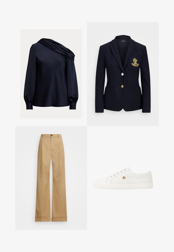 Granatowa marynarka z teksturowanej tkaniny, złotymi detalami, z jednym guzikowym zapięciem oraz kieszenią na piersi z haftowanym logo.; Granatowa bluzka z drapowanym asymetrycznym dekoltem, długimi bufkami, gładkim satynowym materiałem i dopasowanym dołem.; Beżowe spodnie o szerokich nogawkach z zapięciem na guzik, charakteryzujące się gładką teksturą i wyprasowanymi fałdami. Dodatkowo z mankietami dla lepszego wykończenia.; Lauren Ralph Lauren JANSON II CANVAS SNEAKER biały