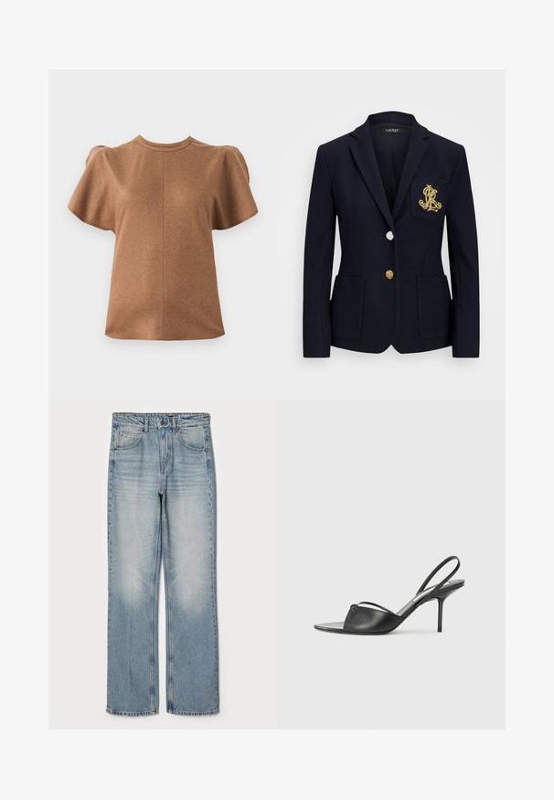 Tengerészblézer texturált anyagból, arany színű kiegészítőkkel, egy gombos záródással és mellzsebbel, amelyen hímezett logó található.; Barna, rövid ujjas felső, kerek nyakú és puffos ujjal. Puha anyagból készült, középső varrás részletekkel.; Világoskék farmernadrág, egyenes szabású, magas derékkal, öt zsebes kialakítással, finom kopással a combokon és a térdeken.; Fekete bőr, hátsó pántos, hegyes orrú magassarkú cipők vékony bokapánttal és stiletto sarkukkal. Az orrban csomózott részlet található.