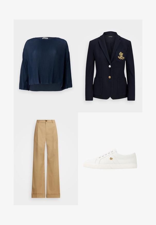 Blazer azul-marinho com um tecido texturado, acessórios em dourado, fecho de um único botão e um bolso no peito com um logótipo bordado.; Top em azul-marinho com nervuras, decote redondo, mangas largas e barra cropped. O tecido tem uma aparência suave e texturizada, com um caimento descontraído.; Calças largas beje com fecho de botão, apresentando uma textura suave e pregas vincadas. Bainhas com punho para um detalhe adicional.; Lauren Ralph Lauren JANSON II CANVAS SNEAKER - Sapatilhas - optic white