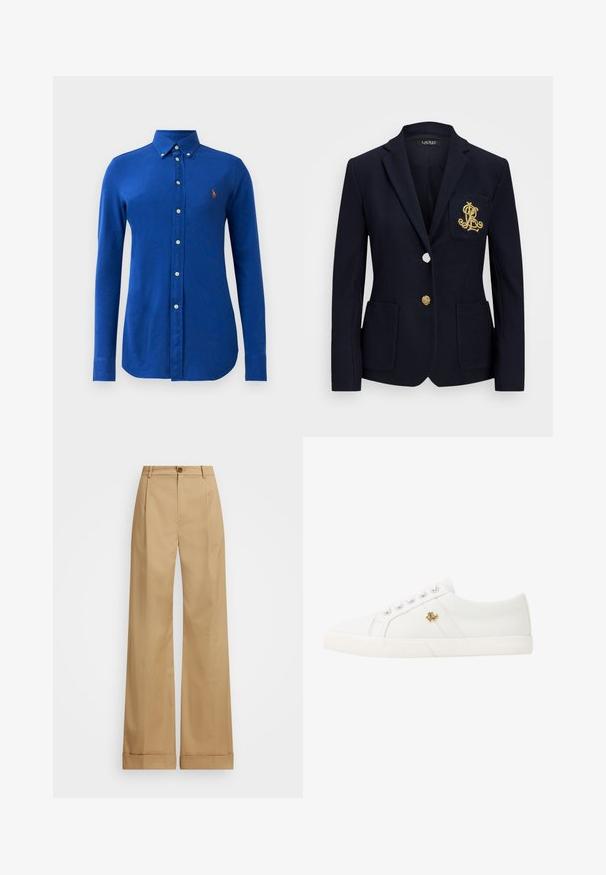 Navy blazer with a textured fabric, gold hardware, a single button closure, and a chest pocket featuring an embroidered logo.; Blue long-sleeve button-up shirt made of cotton, featuring a classic collar, white buttons, and a small embroidered logo on the left chest.; Beige wide-leg trousers with a button closure, featuring a smooth texture and pressed creases. Cuffed hems for added detail.; Lauren Ralph Lauren JANSON II CANVAS SNEAKER - Trainers - optic white