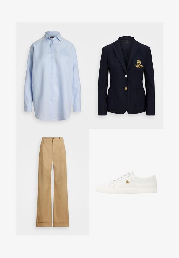 Blazer azul-marinho com um tecido texturado, acessórios em dourado, fecho de um único botão e um bolso no peito com um logótipo bordado.; Camisa de botão azul clara feita de linho, com mangas longas, colarinho tradicional e um logótipo bordado no lado esquerdo do peito.; Calças largas beje com fecho de botão, apresentando uma textura suave e pregas vincadas. Bainhas com punho para um detalhe adicional.; Lauren Ralph Lauren JANSON II CANVAS SNEAKER - Sapatilhas - optic white