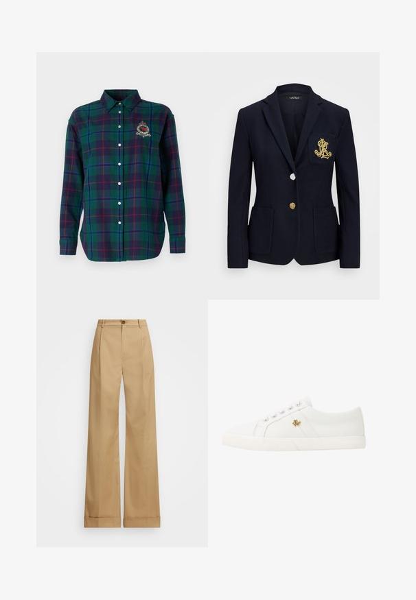 Jūras spēku žakete ar strukturētu audumu, zelta detaļām, vienu pogu aizdari un krūšu kabatu ar izšūtu logo.; Lauren Ralph Lauren KOTTA LONG SLEEVE BUTTON FRONT SHIRT - Pogājama blūze - green; Bežīgas platās bikses ar pogu aizdari, kurām ir gluda tekstūra un presētās krokas. Ar aproces apakšmalēm papildu detaļām.; Lauren Ralph Lauren JANSON II CANVAS SNEAKER - Sporta apavi - optic white
