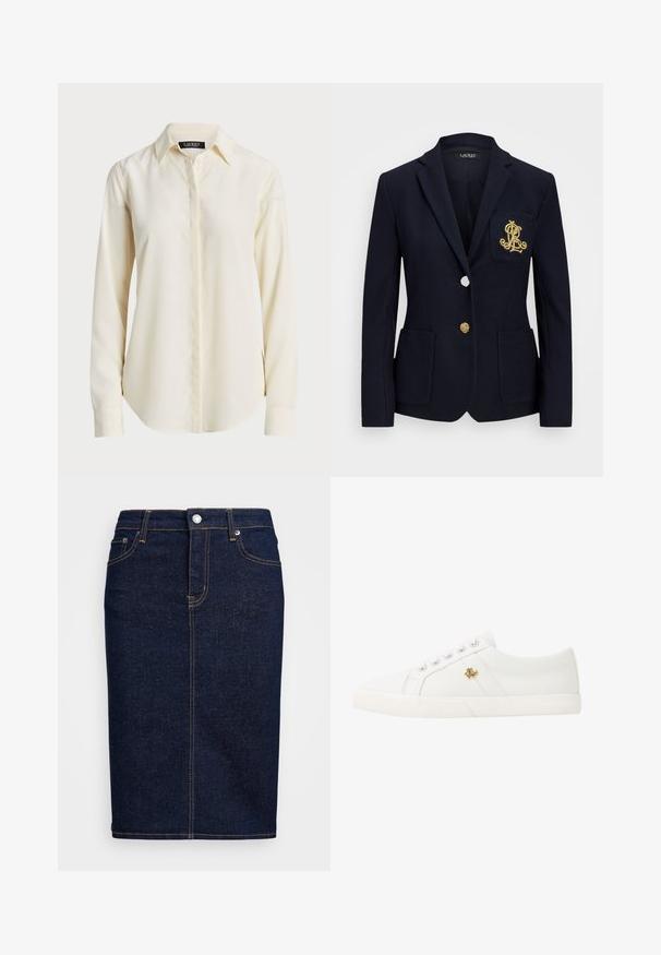 Blazer azul-marinho com um tecido texturado, acessórios em dourado, fecho de um único botão e um bolso no peito com um logótipo bordado.; Camisa de manga longa de cor creme clara com colarinho pontiagudo, frente com botões e textura suave; apresenta uma bainha arredondada e corte ajustado.; Saia lápis de ganga escura com corte reto, apresentando costura laranja, fecho frontal com botão e bolsos laterais. Textura suave.; Lauren Ralph Lauren JANSON II CANVAS SNEAKER - Sapatilhas - optic white
