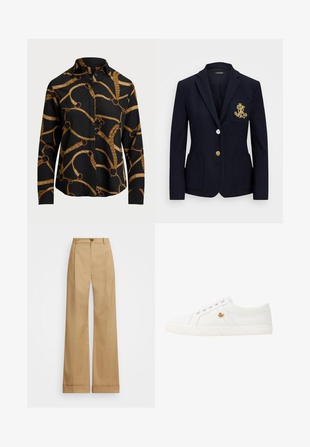 Námornícky blejzer z textúrovanej tkaniny, so zlatými kovovými detailami, jedným gombíkovým zapínaním a náprsníkovou vreckom so vyšitým logom.; Čierna košeľa s dlhým rukávom a zlatým reťazovým vzorom, s golierom a zapínaním na gombíky. Hladká textília s voľným strihom.; Béžové nohavice so širokým strihom a gombíkovým zapínaním, s hladkým povrchom a prešitou líniou. S manžetami na spodnom leme pre zvýraznenie detailu.; Lauren Ralph Lauren JANSON II CANVAS SNEAKER - Tenisky - optic white