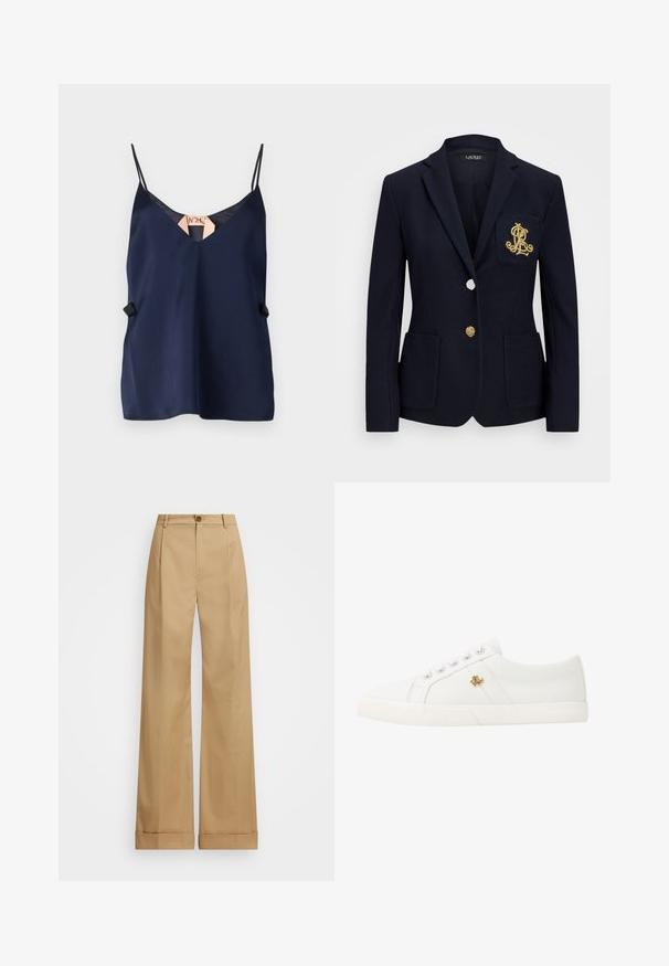 Marineblazer van een gestructureerde stof, met gouden hardware, een enkele knoopsluiting en een borstzak met een geborduurd logo.; Marineblauwe satijnen top met V-hals, dunne bandjes en een subtiele accenta langs de zijkant. Soepele textuur en lichtgewicht ontwerp.; Beige wijde broek met een knoopsluiting, voorzien van een soepele textuur en persplooien. Met afgeronde zoom voor extra detail.; Lauren Ralph Lauren JANSON II CANVAS SNEAKER - Sneakers laag - optic white