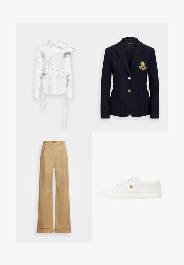 Navy blazer with a textured fabric, gold hardware, a single button closure, and a chest pocket featuring an embroidered logo.; White shirt featuring a unique asymmetrical design with a large bow on one shoulder, tie accents on the sides, and a classic collar.; Beige wide-leg trousers with a button closure, featuring a smooth texture and pressed creases. Cuffed hems for added detail.; Lauren Ralph Lauren JANSON II CANVAS SNEAKER - Trainers - optic white