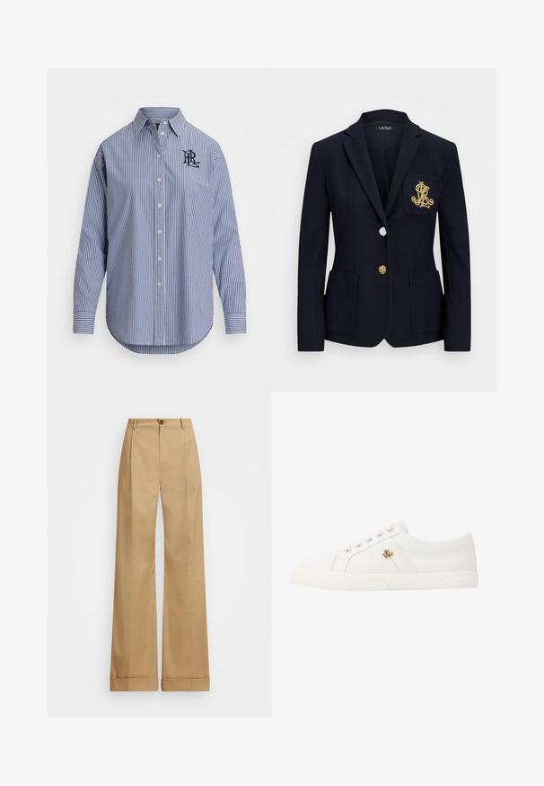 Blazer azul-marinho com um tecido texturado, acessórios em dourado, fecho de um único botão e um bolso no peito com um logótipo bordado.; Camisa de botões às riscas em azul e branco. Apresenta mangas longas, colarinho pontudo e um logótipo bordado no peito.; Calças largas beje com fecho de botão, apresentando uma textura suave e pregas vincadas. Bainhas com punho para um detalhe adicional.; Lauren Ralph Lauren JANSON II CANVAS SNEAKER - Sapatilhas - optic white