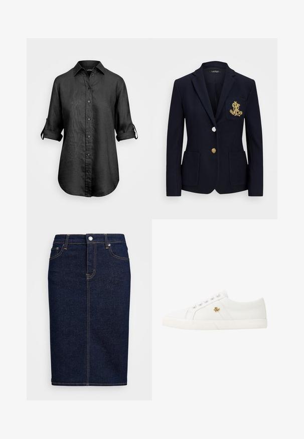 Ναυτικό σακάκι με υφή, χρυσά αξεσουάρ, κλείσιμο με ένα κουμπί και τσέπη στο στήθος που διαθέτει κεντημένο λογότυπο.; Lauren Ralph Lauren TISSUE LINEN SHIRT - Πουκαμίσα με κουμπιά - black; Σκούρα τζιν μολυβί φούστα με ίσια γραμμή, με πορτοκαλί ραφές, κλείσιμο με κουμπί μπροστά και πλαϊνές τσέπες. Λείο υλικό.; Lauren Ralph Lauren JANSON II CANVAS SNEAKER - Αθλητικά παπούτσια - optic white
