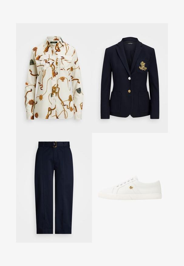Marinblå kavaj med texturerad tyg, guldfärgad hårdvara, en enkel knäppning och en bröstficka med en broderad logotyp.; Vit bomullsskjorta med lång ärm och knappar, prydd med ett brunt och guldrep-mönster, två bröstfickor och broderade detaljer på ärmarna.; Marinblå byxor med vävd midjeband och en guldring som knäppning, med rakt ben och pressveck längs framsidan.; Lauren Ralph Lauren JANSON II CANVAS SNEAKER - Sneakers - optic white