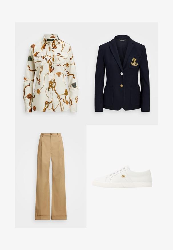 Navy blazer with a textured fabric, gold hardware, a single button closure, and a chest pocket featuring an embroidered logo.; Long-sleeve button-up shirt in white cotton featuring a brown and gold rope pattern, two chest pockets, and embroidered accents on sleeves.; Beige wide-leg trousers with a button closure, featuring a smooth texture and pressed creases. Cuffed hems for added detail.; Lauren Ralph Lauren JANSON II CANVAS SNEAKER - Trainers - optic white