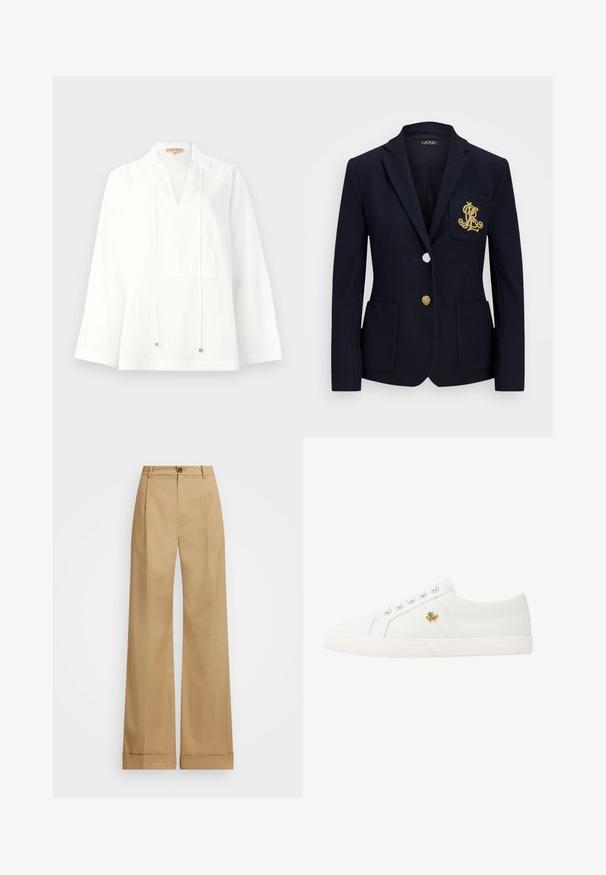 Mornarica jakna steksturiranom tkaninom, zlatnim detaljima, zatvaranjem na jedan gumb i prsnom džepom s izvezenim logotipom.; Bijela lanena bluze s V-izrezom, dugim rukavima i ležernim krojem. Ima uže s malim metalnim detaljima. Glatka tekstura.; Bež hlače širokog kroja s dugmetom za zatvaranje, s glatkom teksturom i naboranim pregibima. Hlače imaju rubove sa manžetama za dodatnu dekoraciju.; Lauren Ralph Lauren JANSON II CANVAS SNEAKER - Tenisice - optic white