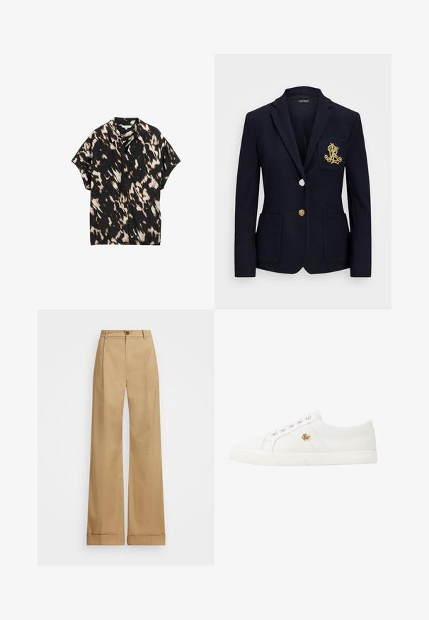Marinblå kavaj med texturerad tyg, guldfärgad hårdvara, en enkel knäppning och en bröstficka med en broderad logotyp.; Kortärmad skjorta med knappstängning i svart med abstrakta mönster i brunt och krämfärgat, med klassisk krage och avslappnad passform. Mjuk tygtextur.; Beiga byxor med vida ben och knäppning, med en slät textur och pressade veck. Resår i nederkant för extra detalj.; Lauren Ralph Lauren JANSON II CANVAS SNEAKER - Sneakers - optic white