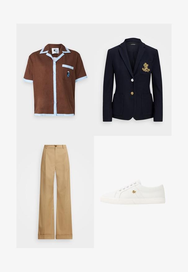 Marineblazer i teksturert stoff, med gullbeslag, enkel knappelukking og brystlomme med brodert logo.; Kortermet brun skjorte med lyseblå krage og lommepynt, med et lite brodert design på lommen.; Svart ribbestrikket tank topp med rund hals, tettsittende fasong og sømløse kanter. Stoffet er mykt og elastisk. Merket leser "LAUREN."; Beige vide bukser med knaplukning, som har en glat overflade og pressede folder. Med opsmøg for ekstra detaljer.; Lauren Ralph Lauren JANSON II CANVAS SNEAKER - Joggesko - optic white