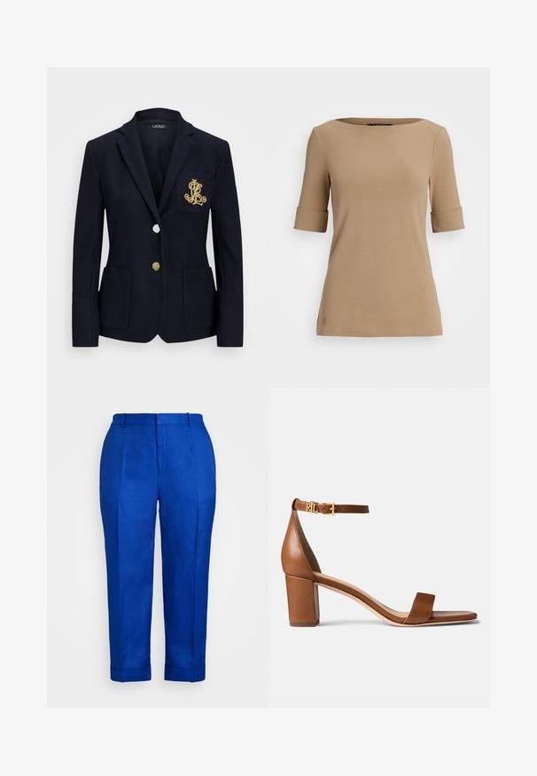 Jūrų laivyno švarkas iš tekstūruoto audinio, su auksiniais aksesuarais, vieno mygtuko užsegimu ir krūtininės kišene su siuvinėtu logotipu.; Bežinė trumpa rankovė viršūnė su apykakle, turinti sušvelnintas rankoves ir lygų paviršių. Mažas logotipo elementas arti krašto.; Mėlyni lininiai kelnių su tiesia kirpimu, turintys glotnią tekstūrą, suapvalintais kraštais ir priekiniais raukiniais, suteikiančiais išvaizdai pritaikytą stilių.; Lauren Ralph Lauren LOGAN BURNISHED LEATHER SANDAL - Sandalai - deep saddle tan