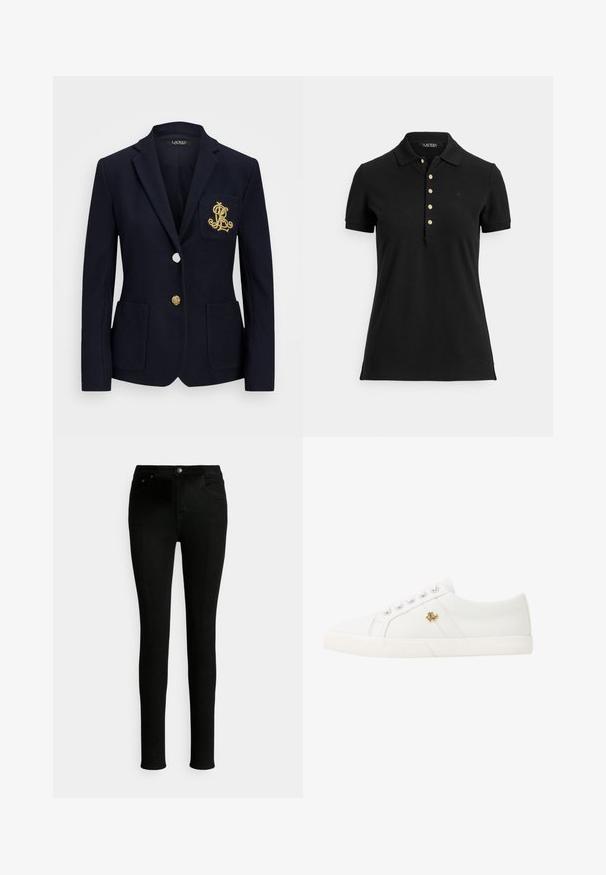 Tengerészblézer texturált anyagból, arany színű kiegészítőkkel, egy gombos záródással és mellzsebbel, amelyen hímezett logó található.; Fekete pólótexturált anyagból, gallérral, rövid ujjal és arany gombokkal díszített blúzgombolattal. Finom logó részlet a mellkason.; Fekete slim fit farmernadrág, normál derékrésszel, elején zsebekkel és klasszikus gombos zárral.; Lauren Ralph Lauren JANSON II CANVAS SNEAKER - Sportcipő - optic white