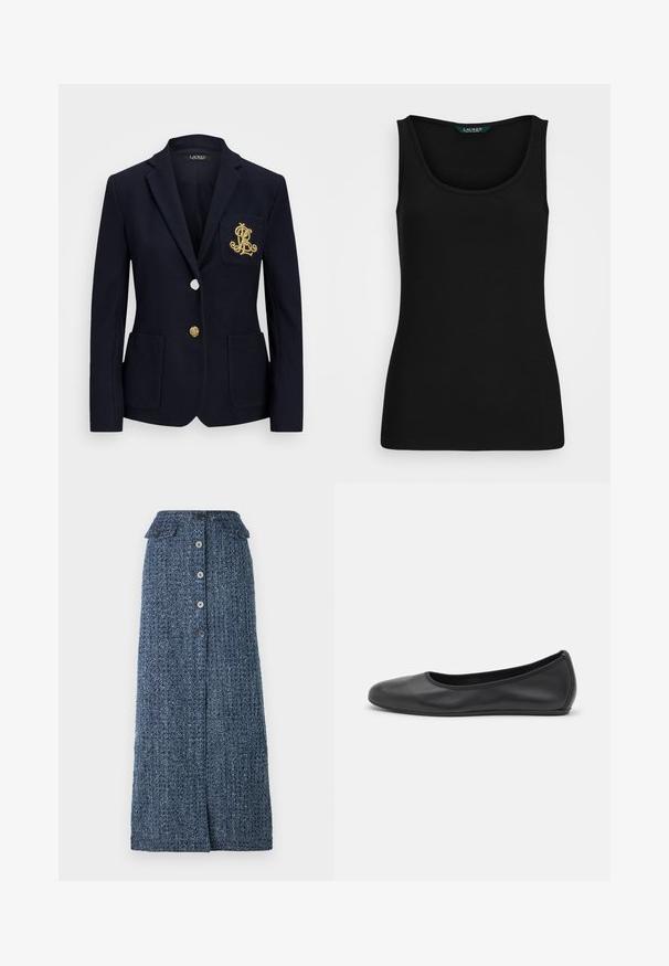 Marineblazer i teksturert stoff, med gullbeslag, enkel knappelukking og brystlomme med brodert logo.; Svart ribbestrikket tank topp med rund hals, tettsittende fasong og sømløse kanter. Stoffet er mykt og elastisk. Merket leser "LAUREN."; Jeans maxi skjørt i mørk blå med en teksturert overflate, med knappelukking foran, to klafflommer og en lett splitt foran.; Svart skinnballettflatt med rund tå, glatt tekstur, minimal sømdetalj, og et fleksibelt såledesign.