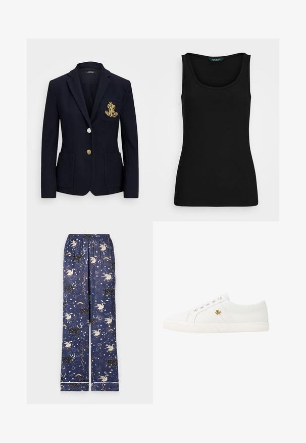 Marineblazer aus einem strukturierten Stoff, mit goldenen Beschlägen, einem einzigen Knopfverschluss und einer Brusttasche, die mit einem gestickten Logo versehen ist.; Schwarzes, geripptes Tanktop mit rundem Ausschnitt, figurbetontem Schnitt und nahtlosen Kanten. Der Stoff ist weich und dehnbar. Das Etikett trägt die Aufschrift "LAUREN."; Navy Schlafanzughosen mit einem elastischen Bund, die ein verspieltes Muster aus Einhörnern, Konstellationen und himmlischen Elementen in bunten Farbtönen zeigen.; Lauren Ralph Lauren JANSON II CANVAS SNEAKER - Sneaker low - optic white