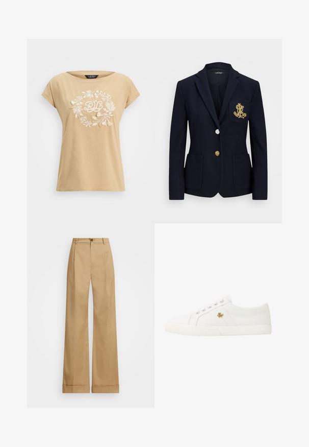 Jūrų laivyno švarkas iš tekstūruoto audinio, su auksiniais aksesuarais, vieno mygtuko užsegimu ir krūtininės kišene su siuvinėtu logotipu.; Šviesiai ruda medvilninė marškinė su laisvu kirpimu, puošti balta išsiuvinėta gėlių vainiko dizainu ir inicialais "RLC" centrėje.; Šviesiai rudos plačios kojinės kelnės su mygtuko uždarymu, pasižyminčios lygia medžiaga ir prispaustomis raukšlėmis. Kantai yra su apvadu, suteikiančiu papildomą detalę.; Lauren Ralph Lauren JANSON II CANVAS SNEAKER - Sportbačiai - optic white