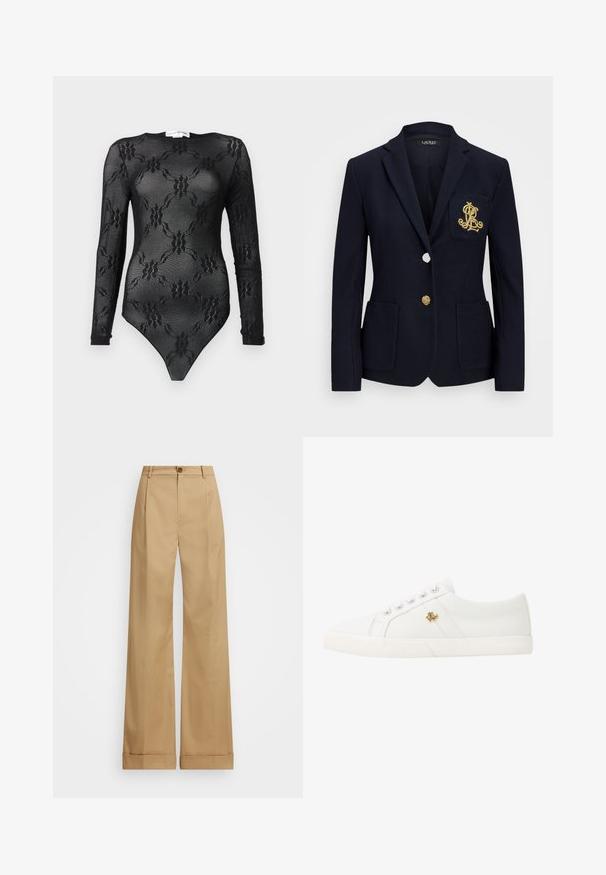 Tengerészblézer texturált anyagból, arany színű kiegészítőkkel, egy gombos záródással és mellzsebbel, amelyen hímezett logó található.; Fekete, hosszú ujjú bodysuit, áttetsző anyagból készült, virágos csipke mintával, kerek nyakkivágással és alsó tanga vágással.; Beige, bő szabású nadrág gombos záródással, sima textúrával és gyűrődések nélküli fazonnal. Felhajtott szárvégek extra részletességgel.; Lauren Ralph Lauren JANSON II CANVAS SNEAKER - Sportcipő - optic white