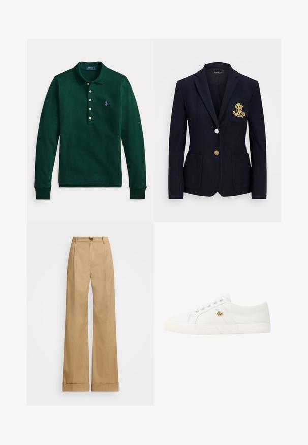 Tengerészblézer texturált anyagból, arany színű kiegészítőkkel, egy gombos záródással és mellzsebbel, amelyen hímezett logó található.; Zöld, hosszú ujjú pamut poloing. Hajtott gallérral, ötgombos patenttal és lila logóval a bal mellrészen.; Beige, bő szabású nadrág gombos záródással, sima textúrával és gyűrődések nélküli fazonnal. Felhajtott szárvégek extra részletességgel.; Lauren Ralph Lauren JANSON II CANVAS SNEAKER - Sportcipő - optic white