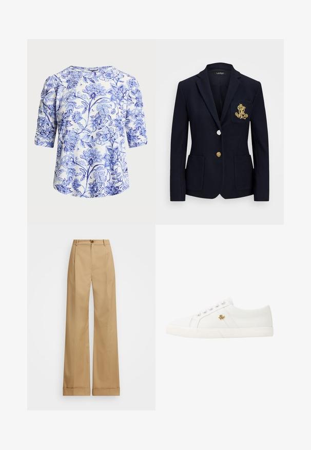 Blazer azul-marinho com um tecido texturado, acessórios em dourado, fecho de um único botão e um bolso no peito com um logótipo bordado.; Blusa floral com um padrão azul e branco, feita de um tecido macio. Possui decote redondo e mangas de comprimento três quartos.; Calças largas beje com fecho de botão, apresentando uma textura suave e pregas vincadas. Bainhas com punho para um detalhe adicional.; Lauren Ralph Lauren JANSON II CANVAS SNEAKER - Sapatilhas - optic white