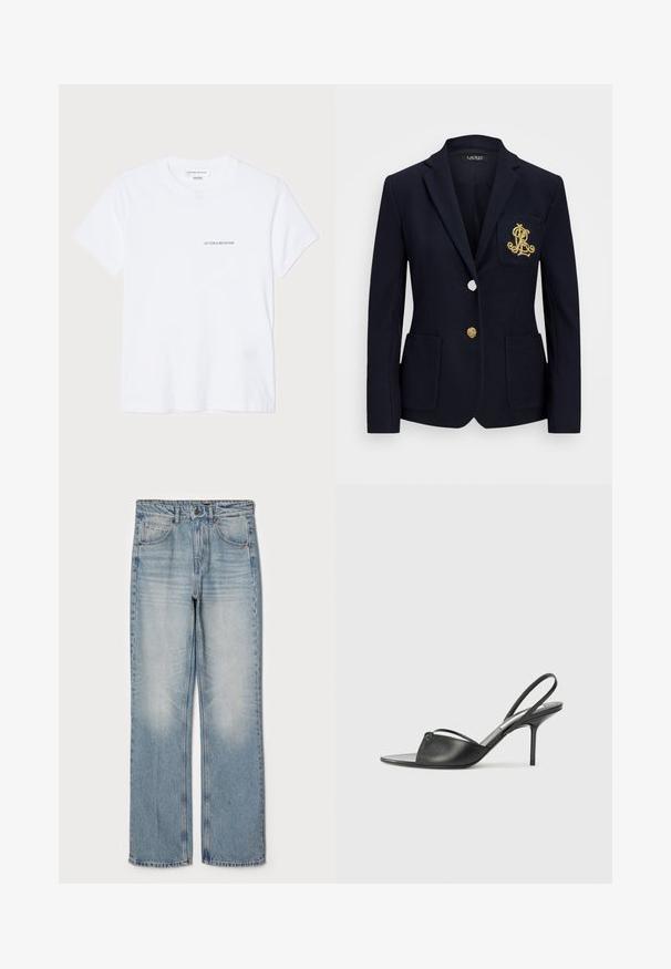 Tumesinern blazer tekstuuriga kangast, kuldsete detailidega, ühe nööbi sulgemise ja rinnaesise taskuga, millel on tikandiga logo.; Valge puuvillane T-särk lühikeste varrukatega, ümar kaelus ja väike must "VICTORIA BECKHAM" logo rinnal. Minimalistlik disain.; Heledad sinine denimitõus, sirge lõikega, millel on kõrge talje, viie tasku disain ja õrn fades reitel ja põlvedel.; Mustaid nahk slingback kontsad terava nokaga, peene pahklu rihmaga ja stilettokandaga. Omab sõlme detaili vampi peal.