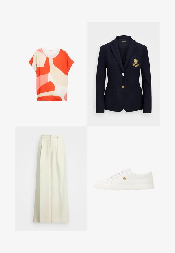 Marineblazer van een gestructureerde stof, met gouden hardware, een enkele knoopsluiting en een borstzak met een geborduurd logo.; Heldere short-sleeve top met abstracte patronen in oranje, roze en crème. Zachte stof met een ronde halslijn en een relaxte pasvorm.; Brede broekspijpen in off-white stof, met een hoge taille, dubbele plooien en een knoopsluiting. Soepele textuur en een nette pasvorm.; Lauren Ralph Lauren JANSON II CANVAS SNEAKER - Sneakers laag - optic white