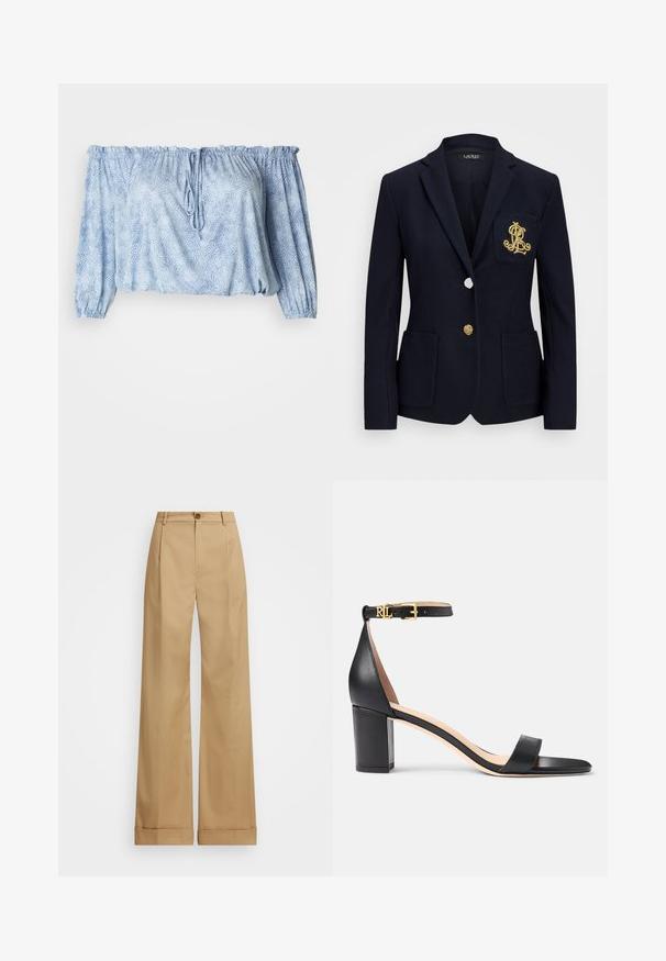 Tumesinern blazer tekstuuriga kangast, kuldsete detailidega, ühe nööbi sulgemise ja rinnaesise taskuga, millel on tikandiga logo.; Heledelt mõttekate helesinises, tekstuuriga mustriga, volditud varrukatega, kaeluses paelaga ja elastse äärisega.; Bežid laiad püksid nupuga sulgemisega, sileda tekstuuriga ja pressitud kortsudega. Hõlmade äärtega lisadetail.; Lauren Ralph Lauren LOGAN BURNISHED LEATHER SANDAL - Sandaalid - black