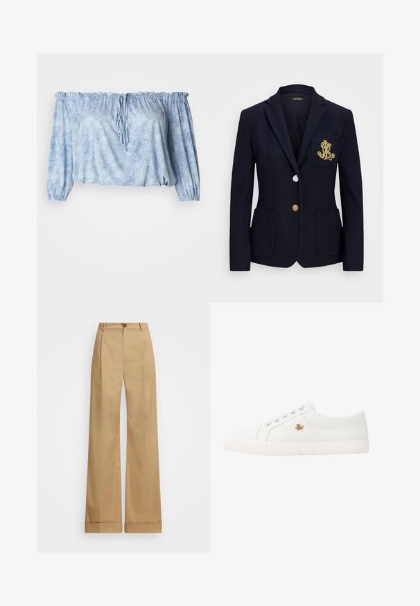 Marineblazer aus einem strukturierten Stoff, mit goldenen Beschlägen, einem einzigen Knopfverschluss und einer Brusttasche, die mit einem gestickten Logo versehen ist.; Off-Shoulder-Bluse in Hellblau mit strukturiertem Muster, gerafften Ärmeln, Kordelzug am Ausschnitt und elastischem Saum.; Beige weite Beinhosen mit Knopfverschluss, die eine glatte Textur und gebügelte Falten aufweisen. Mit umgeschlagenen Säumen für zusätzliche Details.; Lauren Ralph Lauren JANSON II CANVAS SNEAKER - Sneaker low - optic white