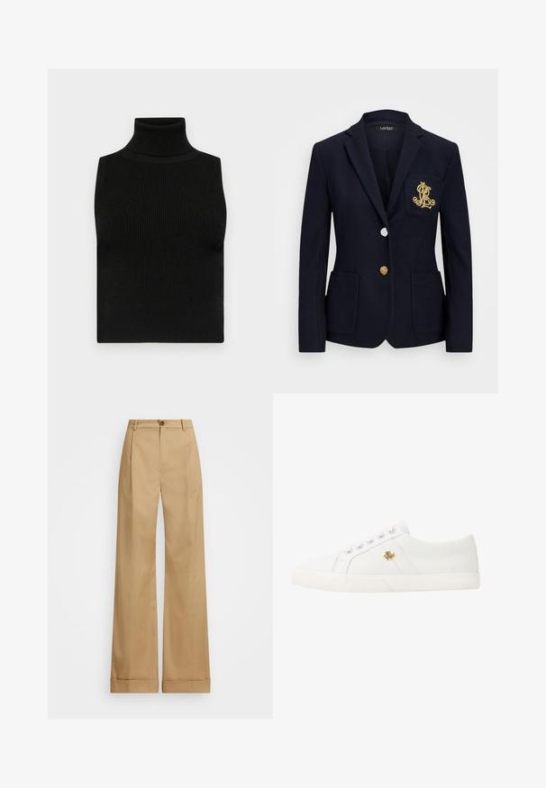 Blazer navy in tessuto texturizzato, con accessori in oro, chiusura a un bottone e taschino sul petto con logo ricamato.; Top senza maniche nero a collo alto con texture a coste e design aderente. Tessuto morbido con collo alto e senza ulteriori decorazioni.; Pantaloni beige a gamba larga con chiusura a bottone, caratterizzati da una trama liscia e pieghe stirate. Bottoms con risvolto per un tocco in più.; Lauren Ralph Lauren JANSON II CANVAS SNEAKER - Sneakers basse - optic white