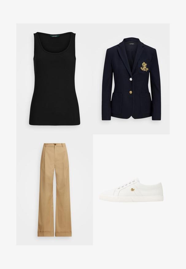 Blazer azul-marinho com um tecido texturado, acessórios em dourado, fecho de um único botão e um bolso no peito com um logótipo bordado.; Top de tanque preto com nervuras, decote redondo, forma ajustada e bordas sem costura. O tecido é macio e elástico. A etiqueta diz "LAUREN."; Calças largas beje com fecho de botão, apresentando uma textura suave e pregas vincadas. Bainhas com punho para um detalhe adicional.; Lauren Ralph Lauren JANSON II CANVAS SNEAKER - Sapatilhas - optic white