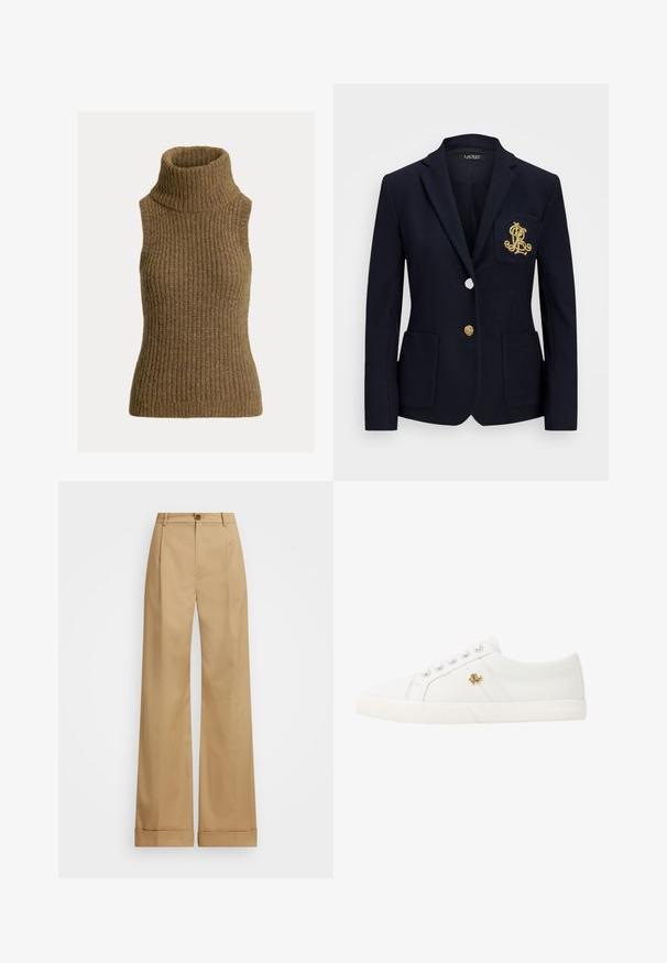 Blazer marinero con tejido texturizado, herrajes dorados, cierre de un solo botón y un bolsillo en el pecho con un logotipo bordado.; Jersey de cuello alto sin mangas con canalé en un cálido tono marrón. Textura suave con una silueta ajustada y un alto y acogedor cuello.; Pantalones de pierna ancha beige con cierre de botón, que presentan una textura suave y pliegues planchados. Dobladillos con puños para un detalle adicional.; Lauren Ralph Lauren JANSON II CANVAS SNEAKER - Zapatillas - optic white
